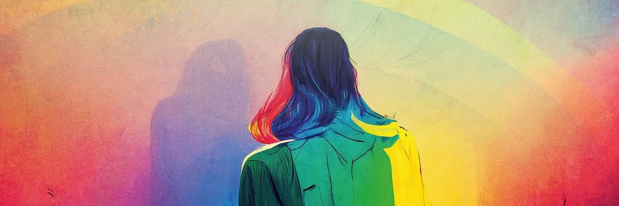 Frau mit buntem Regenbogen Gezeichnete Frau von hinten mit buntem Regenbogen