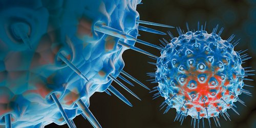 Berautung rund um AIDS Mehrere HI-Viren in Blau- und Rottönen auf schwarzen Hintergrund