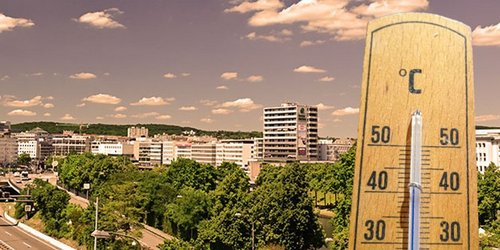 Klima und Gesundheit Ein Bild von Saarbrücken mit einem Thermometer