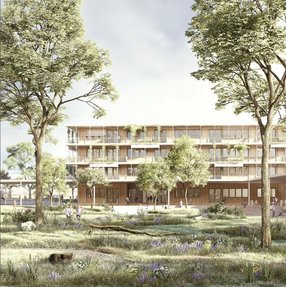 Visualisierung Mensa: KUBUS360 GmbH und Ackermann + Renner Architekten GmbH BDA, Stuttgart - BASE Landschaftsarchitekten PartGmbB, Berlin Kubus360_Perspektive_Gemeinschaftschule_Mensa