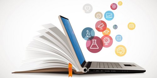 Schulbuch und Medienausleihe Composing Buch und laptop und Blasen mit Schul und Bildungssymbolen