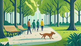Gezeichnetes Bild von einem Stadtpark, in dem vier Menschen und ein Hund spazoeren gehen.