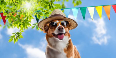 Ein hechelnder Hund mit Sonnenbrille und Sonnenhut vor strahlend blauen Himmel