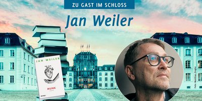 Eine Komposition mehrerer Bilder. Im Hintergrund ist das Saarbrücker Schloss zu sehen, davor eine Stapelbüche mit dem Roman Munk davor stehend. Daneben ein Porträt von Autor Jan Weiler.