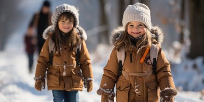 Zwei Kinder die durch eine verschneite Landschaft wandern - im Hintergrund sind die Eltern zu sehen