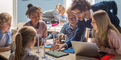 Ein Lehrer erklärt mehreren Kindern am Tisch in einem Klassenzimmer das Thema Windkraft. Die Kinder und der Lehrer nutzen dabei Tablet und Laptops. Auf dem Tisch stehen zudem mehrere Modelle von Windkrafträdern.