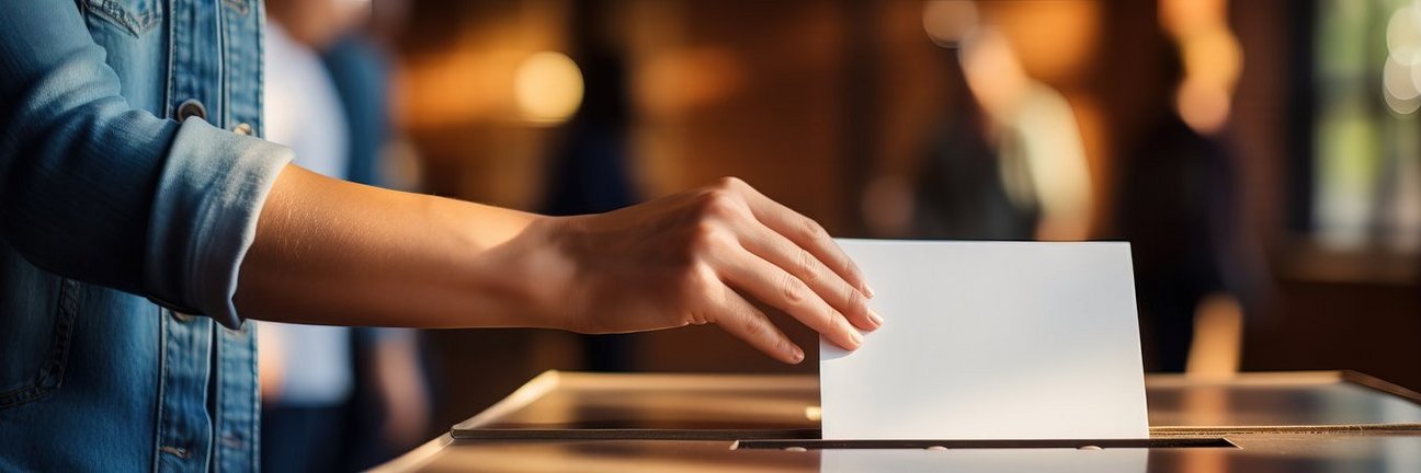 Hand einer jungen Frau die einen Stimmzettel in eine Wahlurne wirft. 