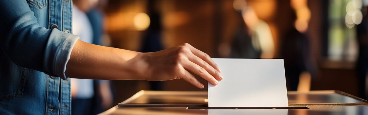 Hand einer jungen Frau die einen Stimmzettel in eine Wahlurne wirft. 