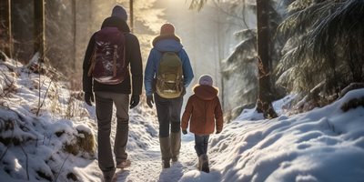 Eine Familie wandert durch einen idylischen in Sonnenlicht getauchtes Waldstück