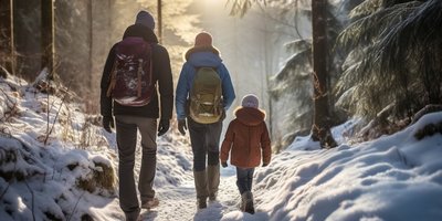 Eine Familie wandert durch einen idylischen in Sonnenlicht getauchtes Waldstück