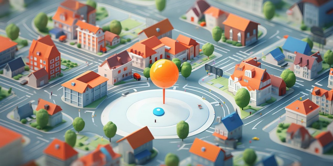 Stadtmodel in 3D mit Pin im Stadtkern